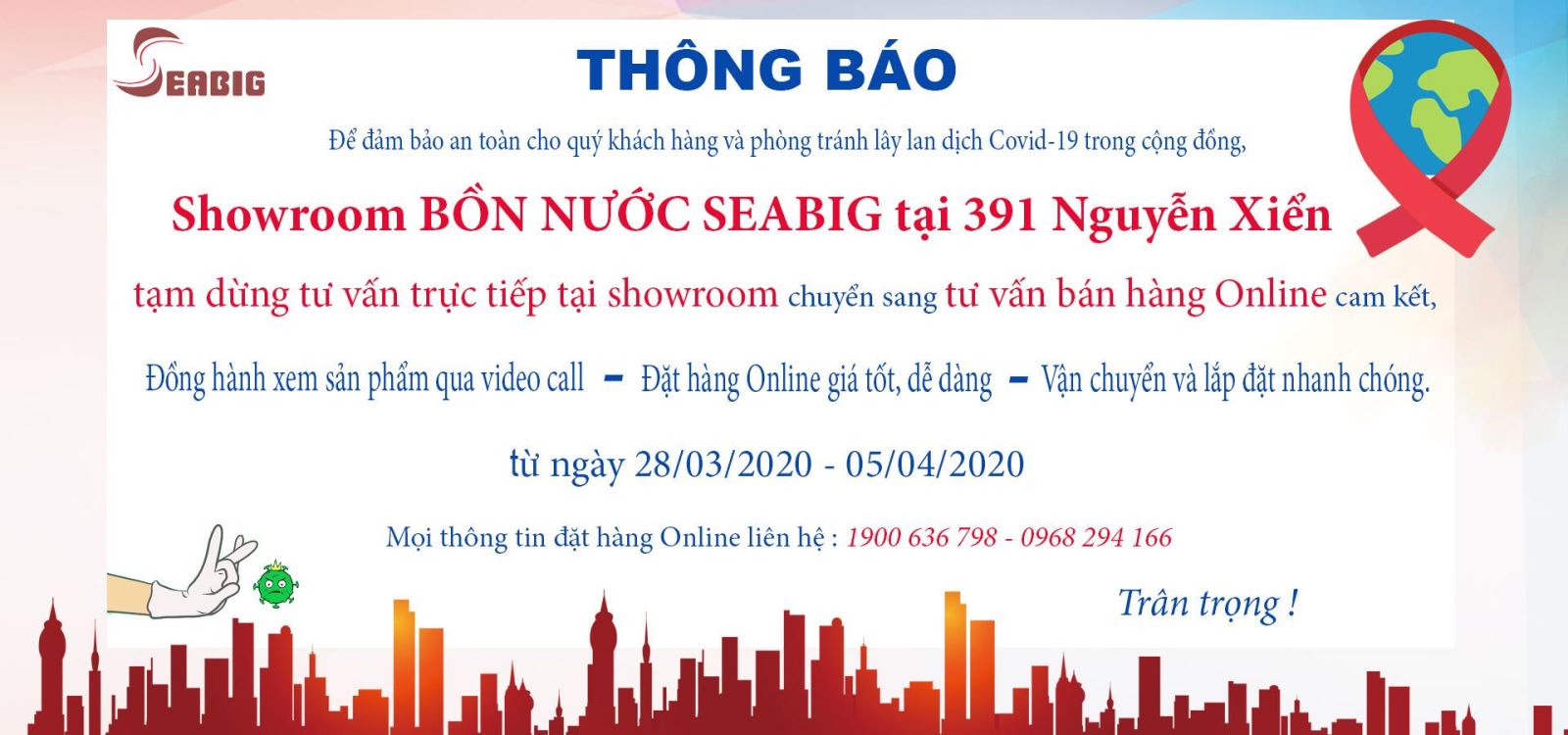 Showroom bồn nước Sơn Hà Seabig tạm dừng tư vấn trực tiếp chuyển sang tư vấn Online